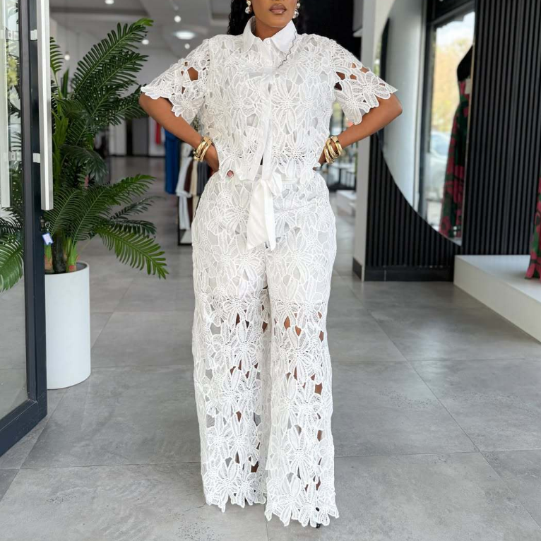Elegant Office Hollow Out Cutout Lace Wide Leg Strap Two Piece Sets