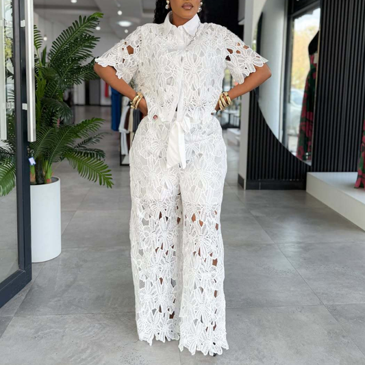 Elegant Office Hollow Out Cutout Lace Wide Leg Strap Two Piece Sets