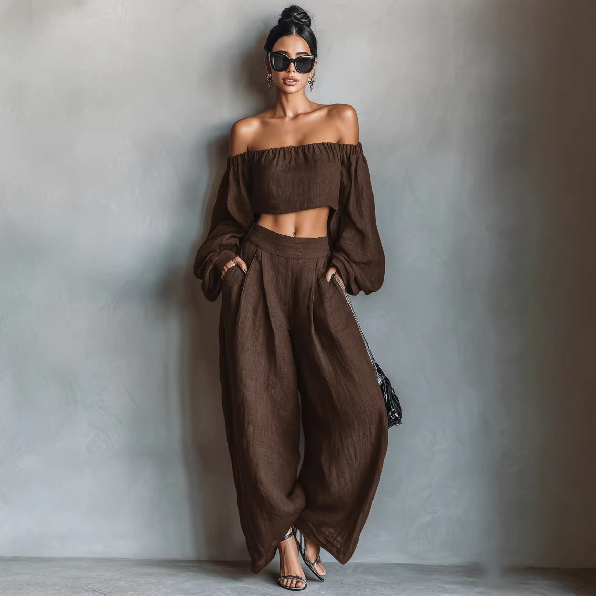Women off Shoulder Short Top Wide Leg Pants Set