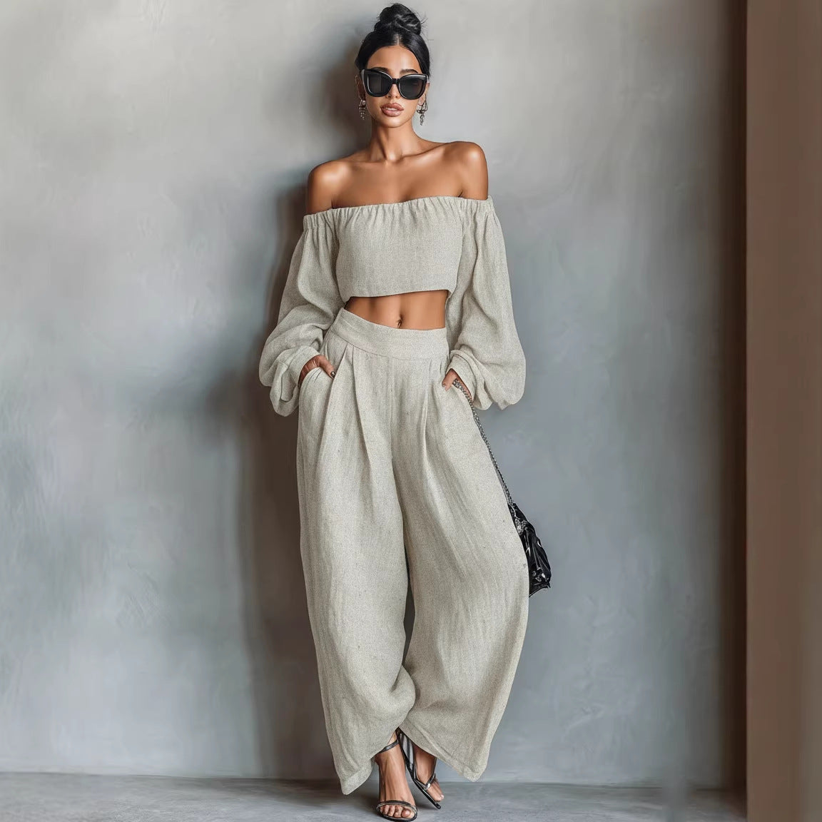 Women off Shoulder Short Top Wide Leg Pants Set