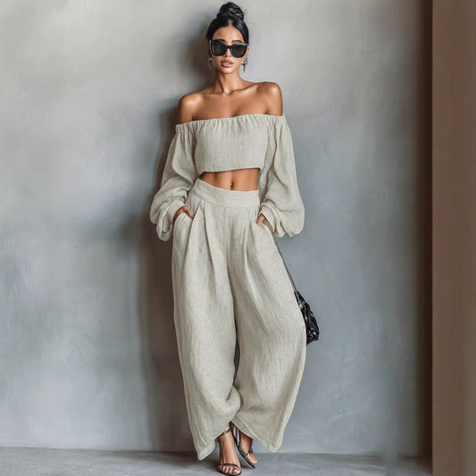 Women off Shoulder Short Top Wide Leg Pants Set
