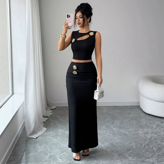Summer Metal Hollow Out Cutout Texture Sleeveless Top Sheath Skirt Set