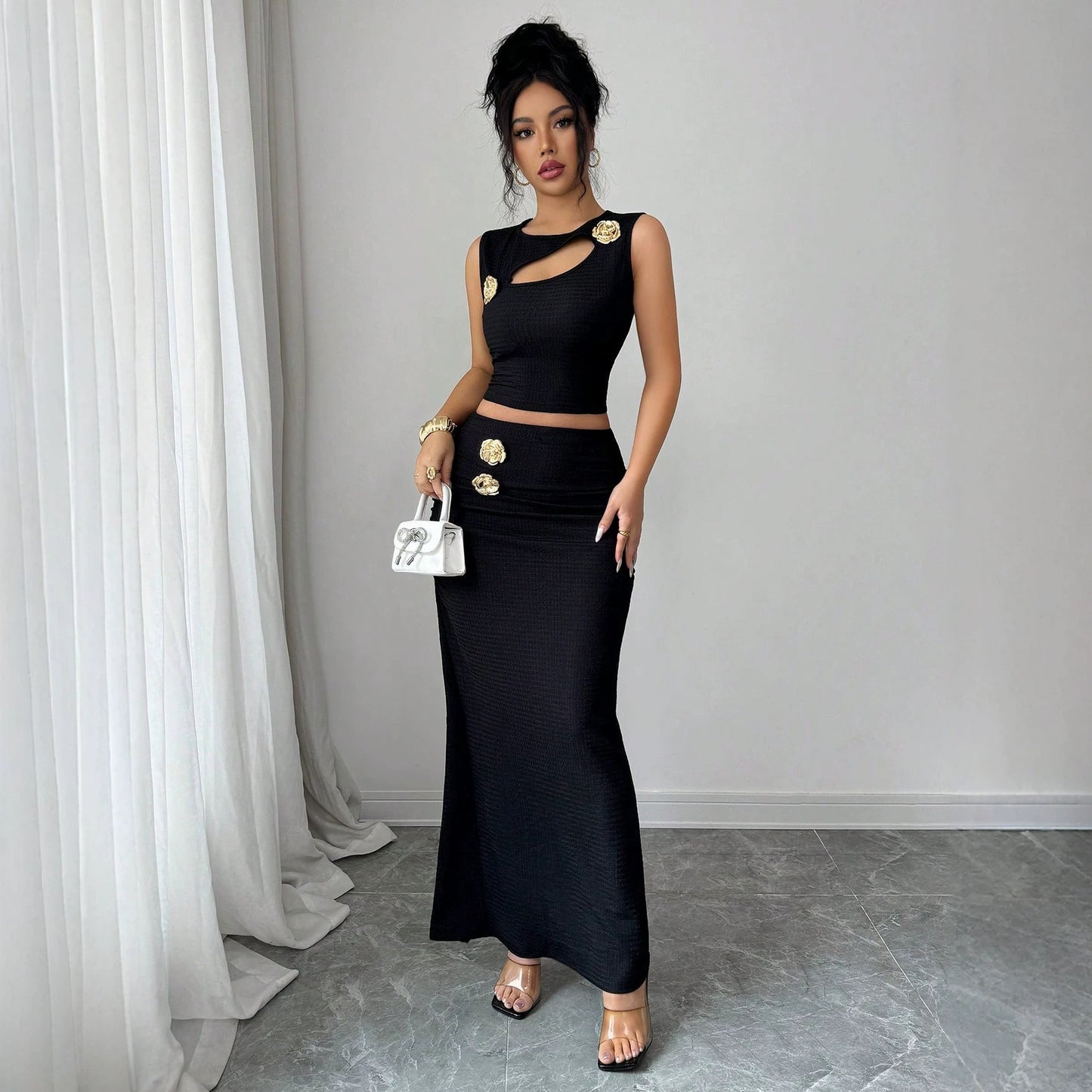 Summer Metal Hollow Out Cutout Texture Sleeveless Top Sheath Skirt Set