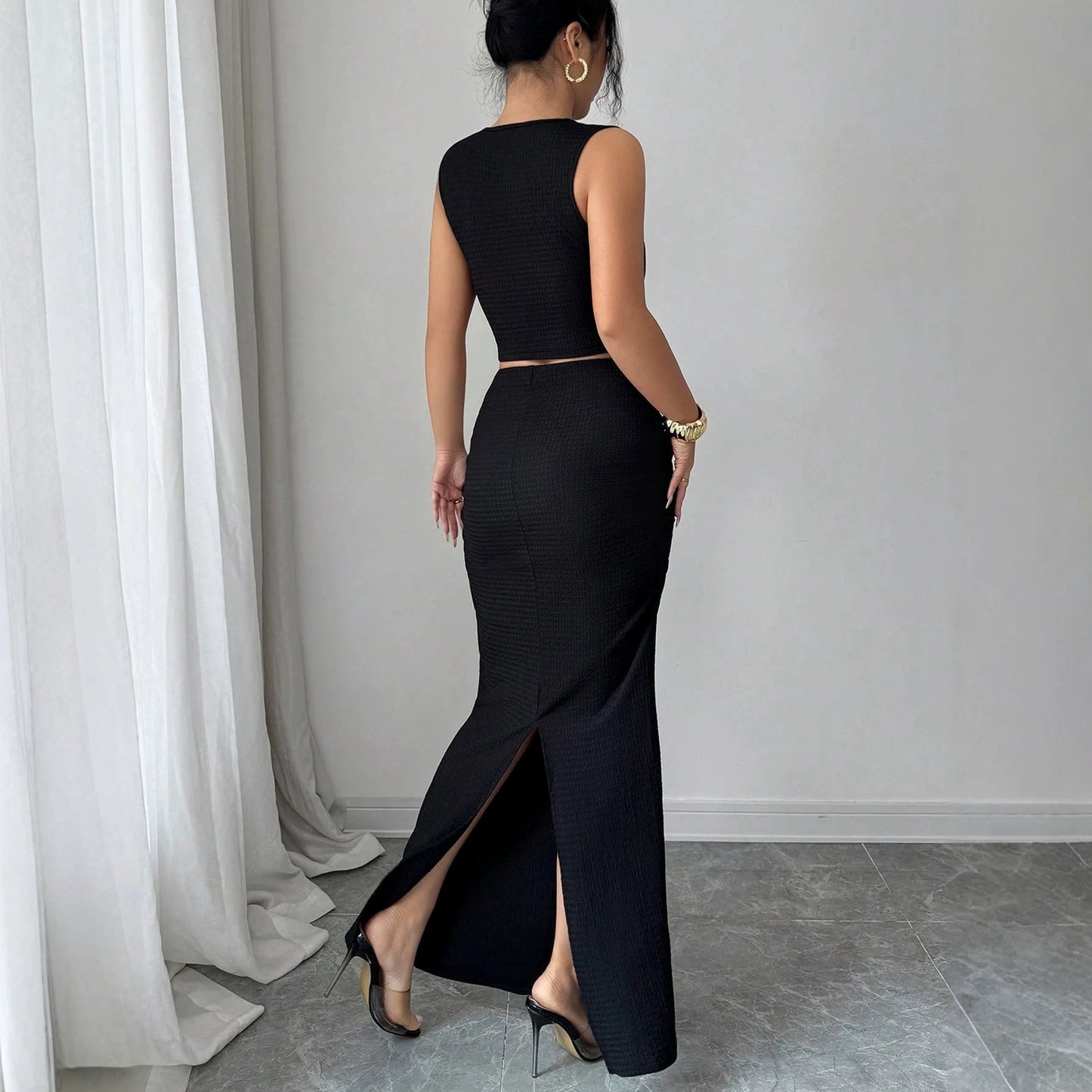 Summer Metal Hollow Out Cutout Texture Sleeveless Top Sheath Skirt Set