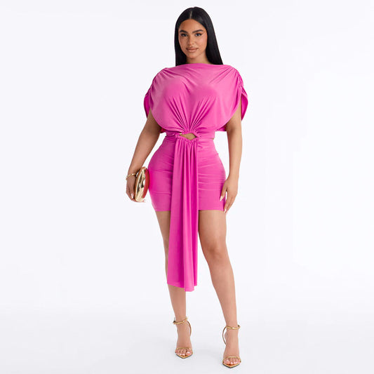 Women Clothing Summer Solid Color Casual Slim Pleated Short Sleeves Hollow Out Cutout Ribbon Short Dress