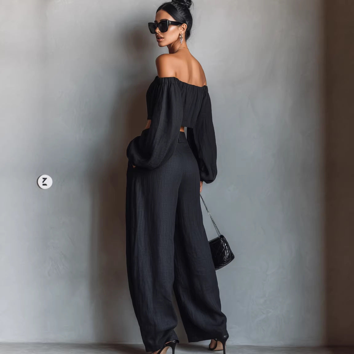 Women off Shoulder Short Top Wide Leg Pants Set