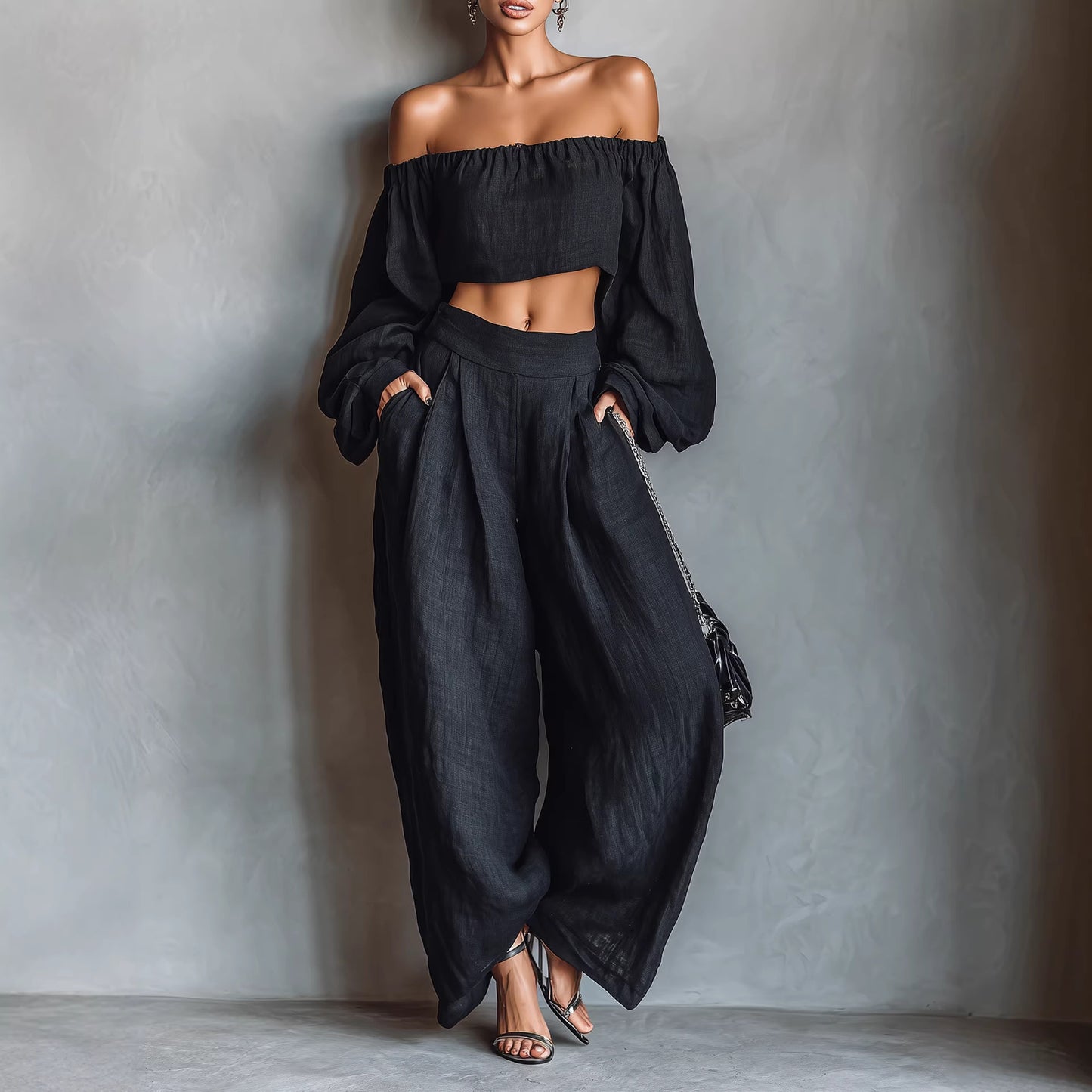 Women off Shoulder Short Top Wide Leg Pants Set
