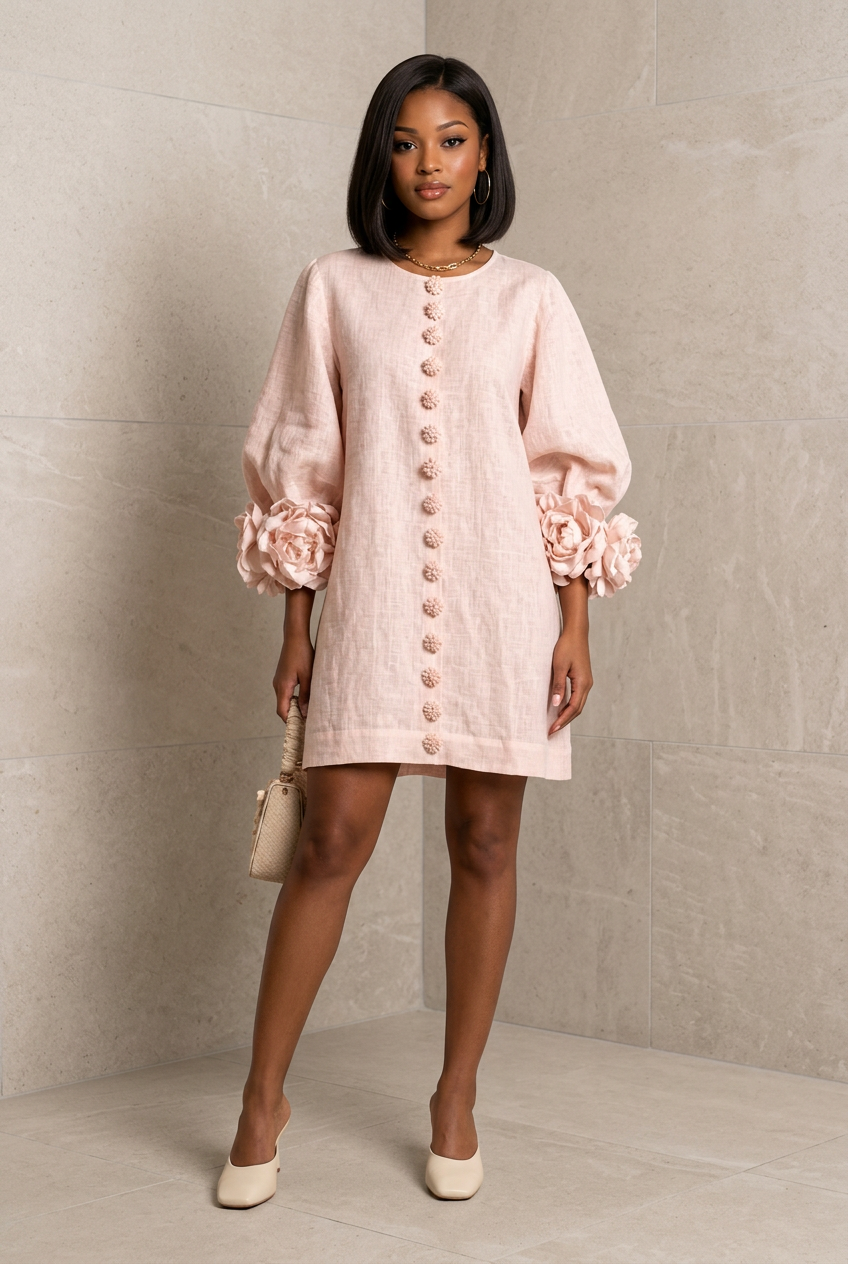 3D Floral 3/4 Sleeve Mini Dress