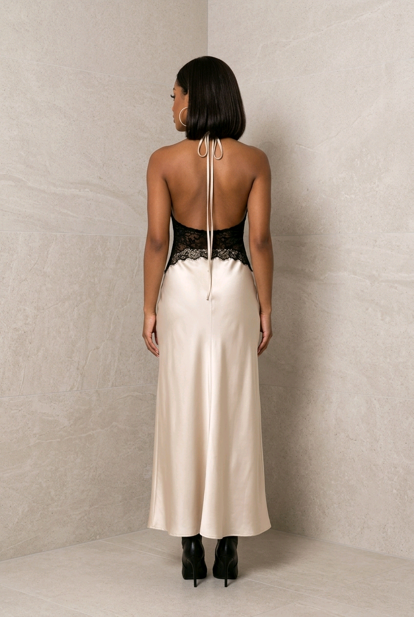 Halter Neck Lace Waist Maxi Dress