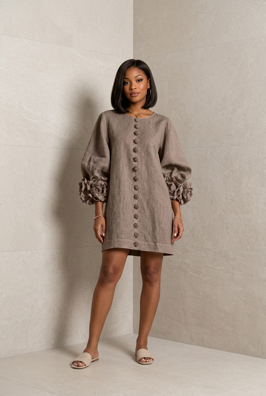 3D Floral 3/4 Sleeve Mini Dress