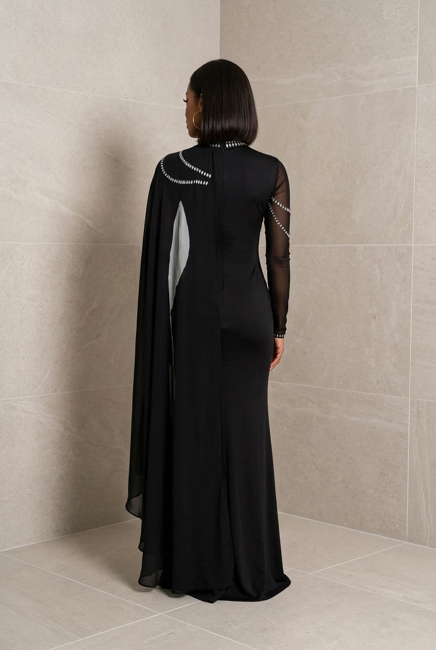 Rhinestone Slit Maxi Dress with Sheer Cape Sleeves