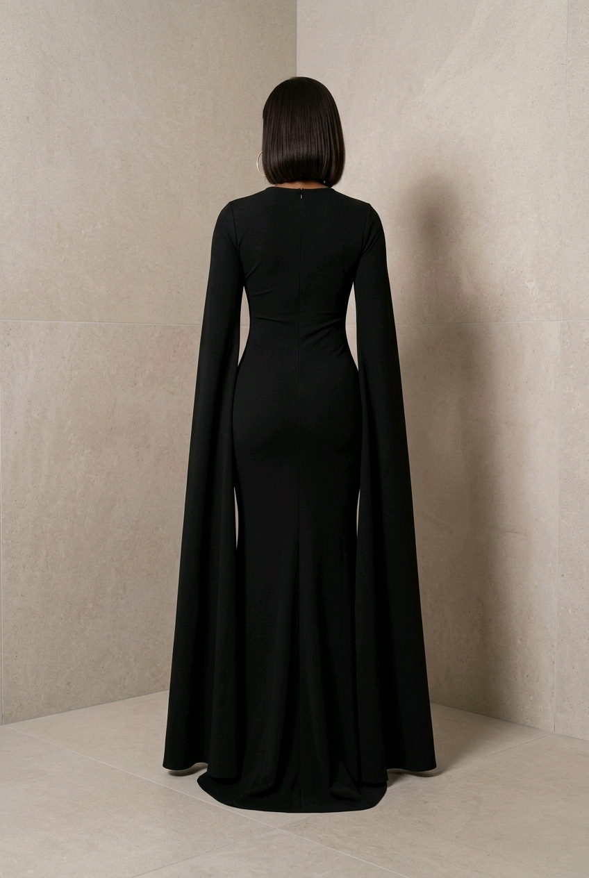 Rhinestone Slit Flare Sleeve Cape Maxi Dress