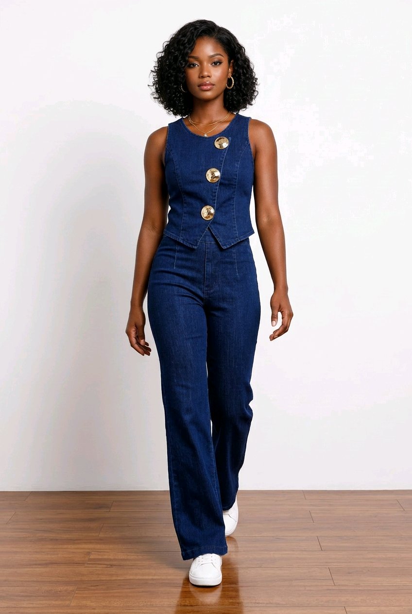 Button Detail Vest and Flare Jeans Denim Set