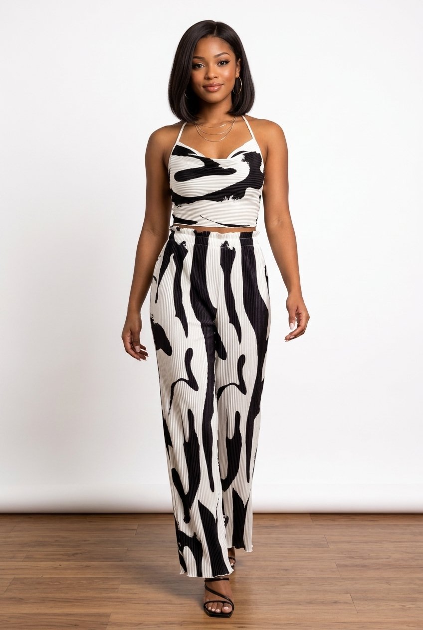 Abstract Print Halter Neck Crop Top and Wide Leg Pants Set