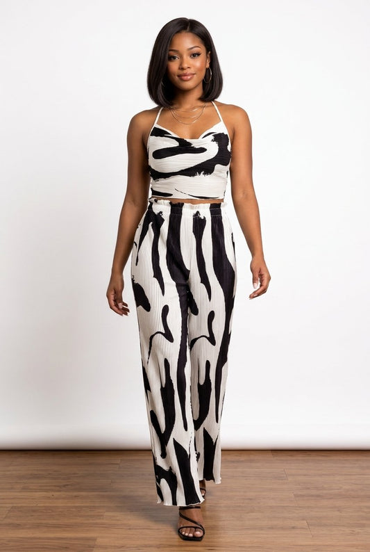 Abstract Print Halter Neck Crop Top and Wide Leg Pants Set