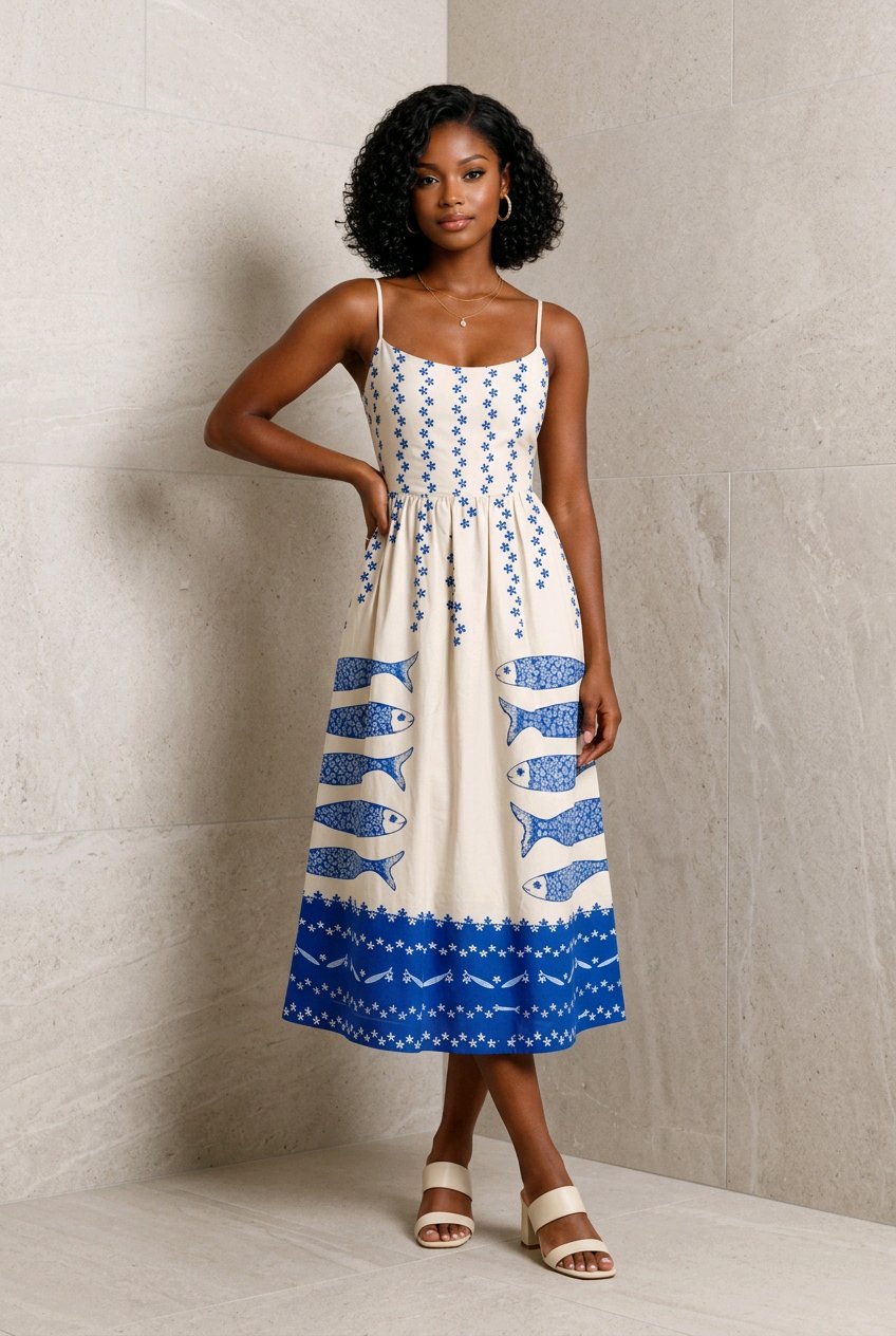 Sardine Print Spaghetti Strap Midi Dress