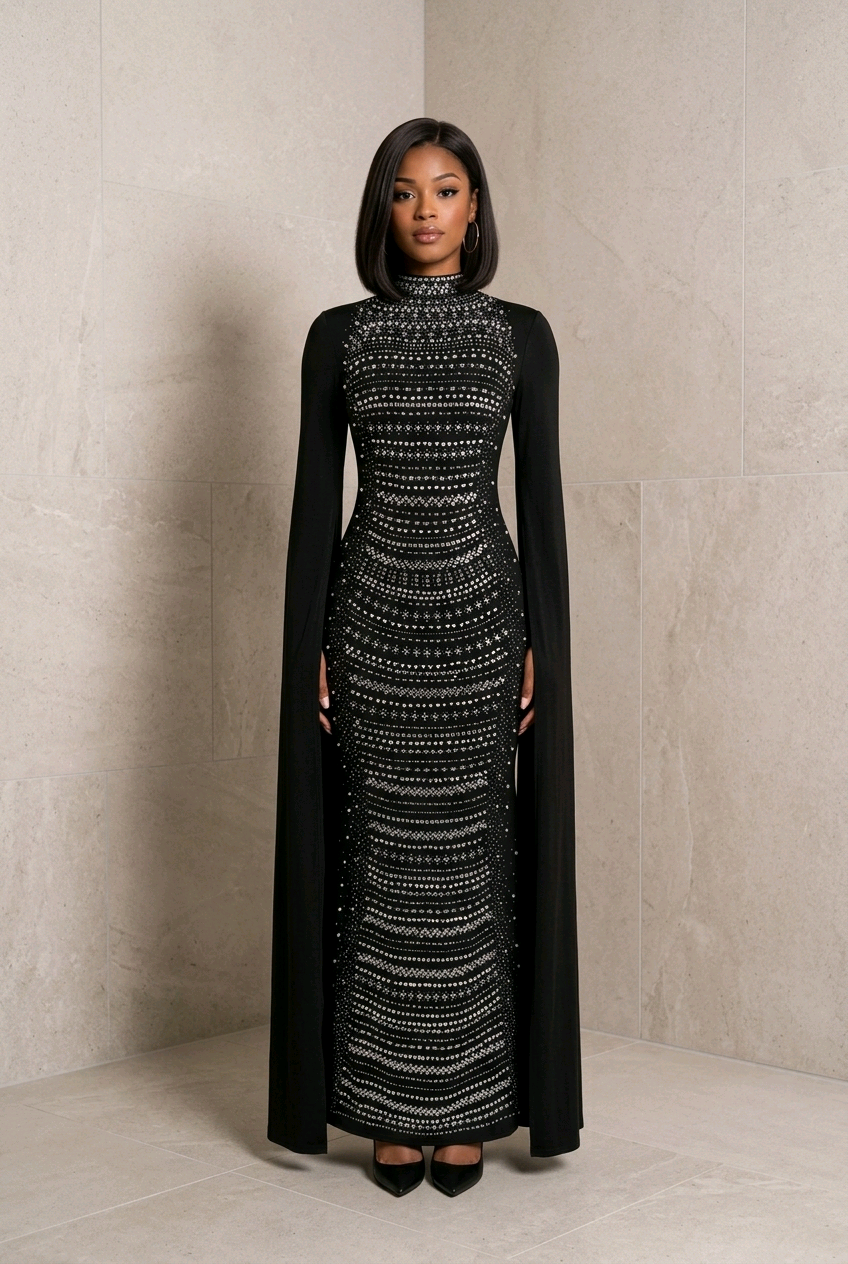 Rhinestone Slit Flare Sleeve Cape Maxi Dress