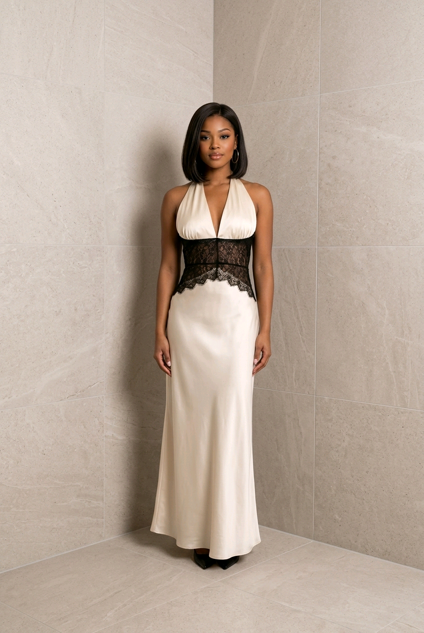 Halter Neck Lace Waist Maxi Dress
