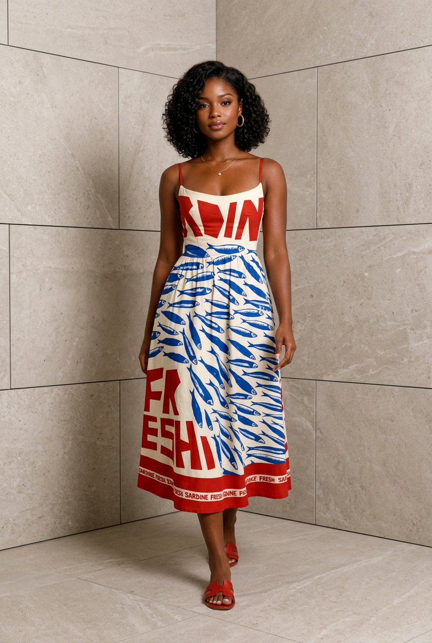 Sardine Print Spaghetti Strap Midi Dress