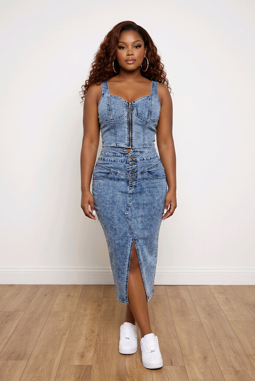 Zipper Top & Button Slit Skirt Denim Set