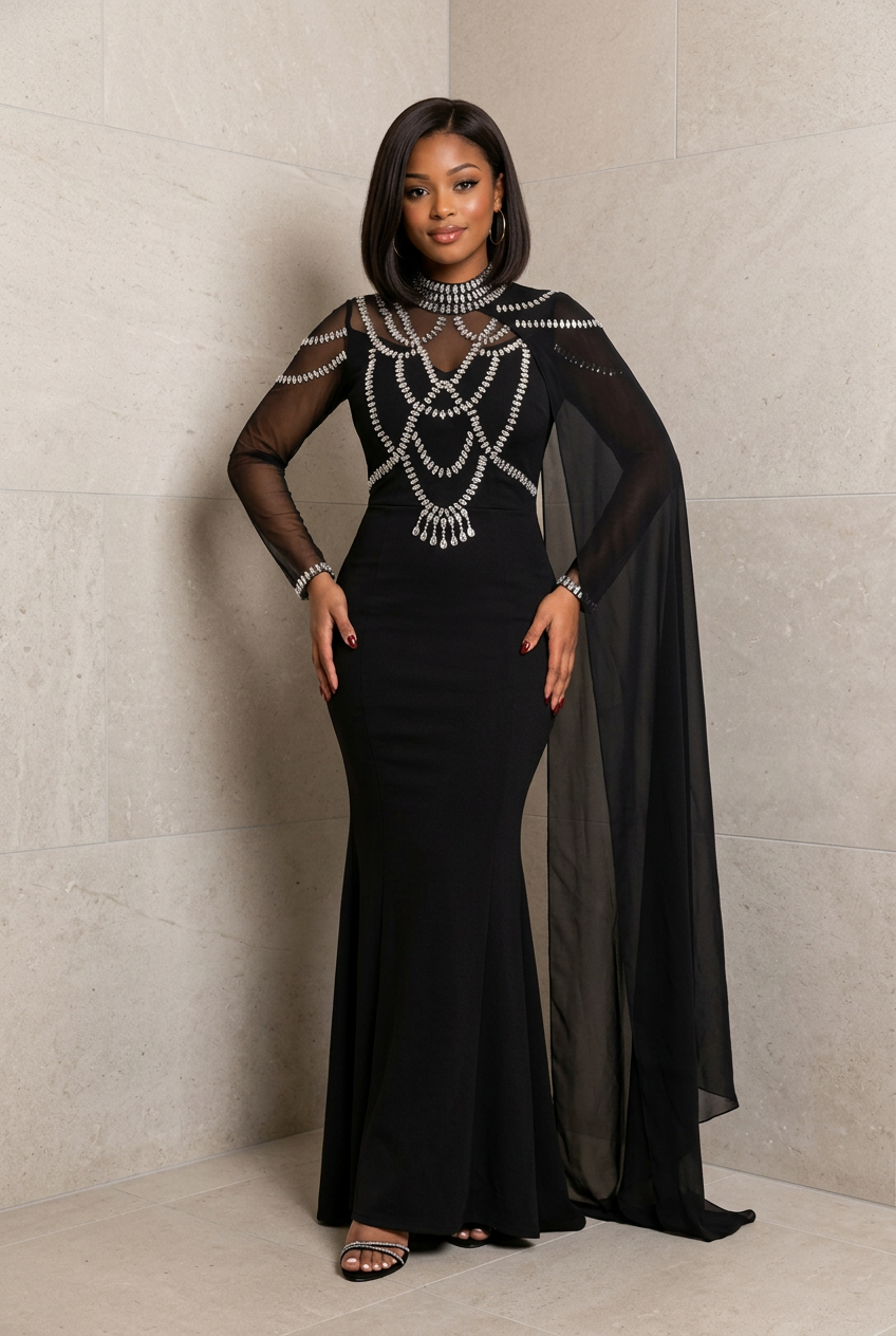 Rhinestone Slit Maxi Dress with Sheer Cape Sleeves