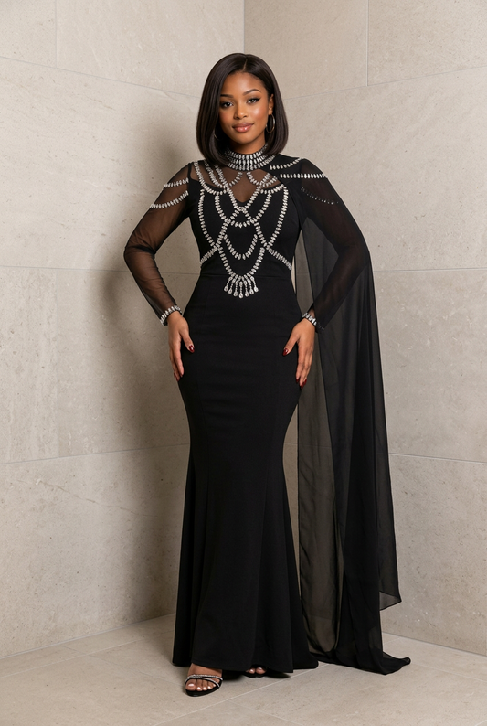 Rhinestone Slit Maxi Dress with Sheer Cape Sleeves